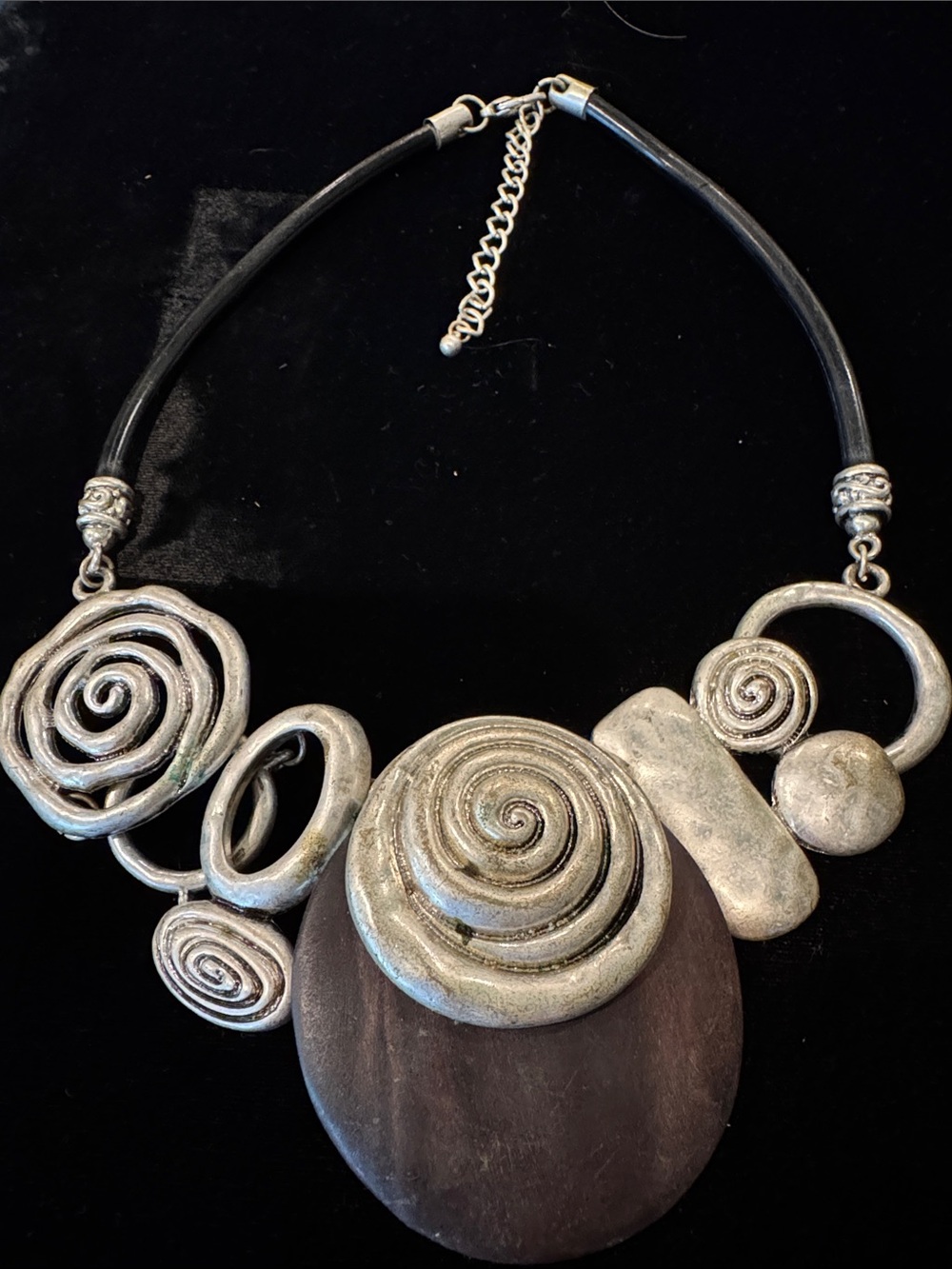 Beautiful Sculptural Ethnic Necklace in Silver-Tone & Dark Wood